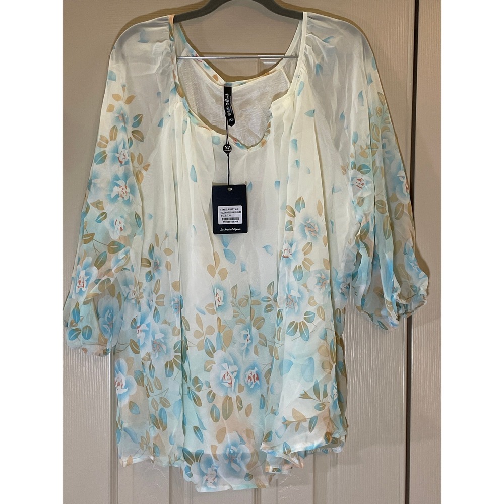 White Mark Tunic Top Women 3XL Yellow Flower NWT Floral Smocked Chiffon PS127-01